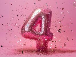 AI Generated Number 4 on pink background with sequins and confetti. Ai generation. photo