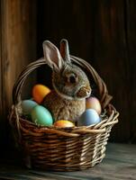 AI Generated Cute Easter bunny in basket with eggs on dark background. AI generation photo