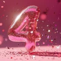 AI Generated Number 4 on pink background with sequins and confetti. Ai generation. photo