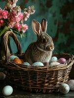 AI Generated Cute Easter bunny in basket with eggs on dark background. AI generation photo