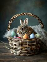 AI Generated Cute Easter bunny in basket with eggs on dark background. AI generation photo