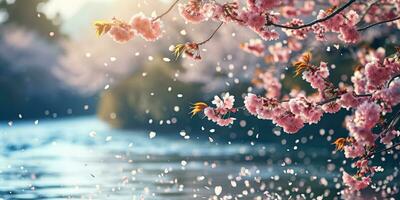 AI Generated Sakura blossoms against the background of the river. Hanami. AI generation. photo