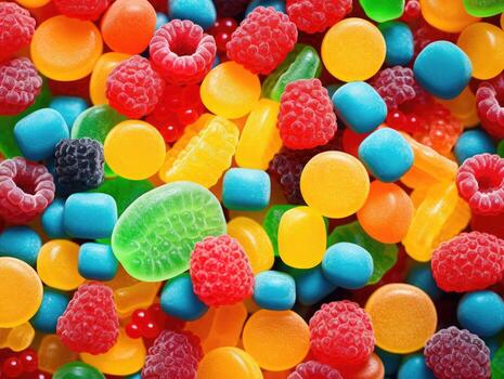 AI Generated Ai generation. Colorful lollipops and different colored round candy. Top view. photo