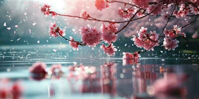 AI Generated Sakura blossoms against the background of the river. Hanami. AI generation. photo