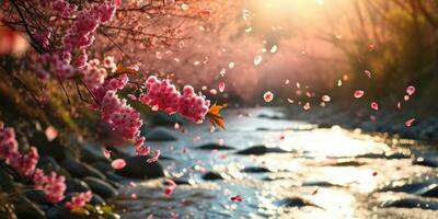 AI Generated Sakura blossoms against the background of the river. Hanami. AI generation. photo