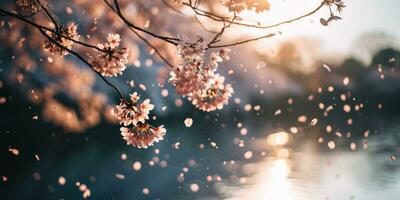 AI Generated Sakura blossoms against the background of the river. Hanami. AI generation. photo