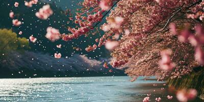 AI Generated Sakura blossoms against the background of the river. Hanami. AI generation. photo