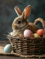 AI Generated Cute Easter bunny in basket with eggs on dark background. AI generation photo