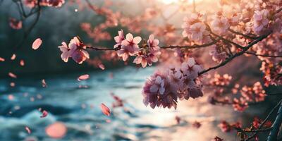 AI Generated Sakura blossoms against the background of the river. Hanami. AI generation. photo