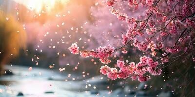 AI Generated Sakura blossoms against the background of the river. Hanami. AI generation. photo