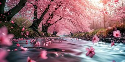 AI Generated Sakura blossoms against the background of the river. Hanami. AI generation. photo