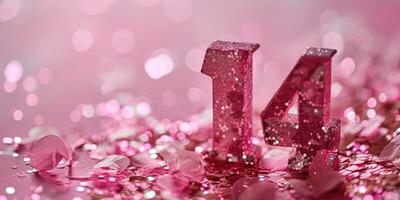 AI Generated Number 14 on pink background with sequins and confetti. Ai generation. photo