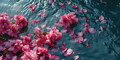 AI Generated Sakura flowers and petals float on the surface of the water. Hanami. AI generation. photo