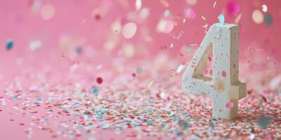 AI Generated Number 4 on pink background with sequins and confetti. Ai generation. photo