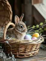 AI Generated Cute Easter bunny in basket with eggs on dark background. AI generation photo