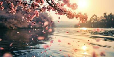 AI Generated Sakura blossoms against the background of the river. Hanami. AI generation. photo