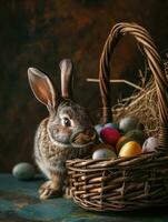 AI Generated Cute Easter bunny in basket with eggs on dark background. AI generation photo