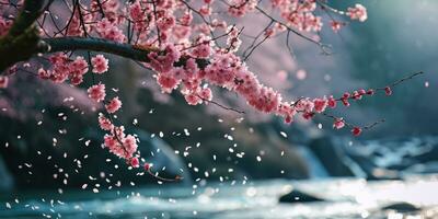 AI Generated Sakura blossoms against the background of the river. Hanami. AI generation. photo