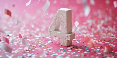 AI Generated Number 4 on pink background with sequins and confetti. Ai generation. photo