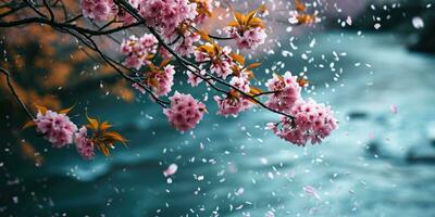 AI Generated Sakura blossoms against the background of the river. Hanami. AI generation. photo