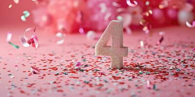 AI Generated Number 4 on pink background with sequins and confetti. Ai generation. photo