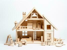 AI Generated Wooden house made of plywood on a white background. Home construction. AI generation. photo