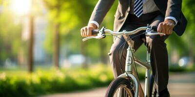 AI generated Smartly dressed man on bicycle, vibrant outdoors, sunny weather. AI generative. photo