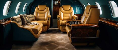 AI generated Luxurious private jet interior, leather seats, plush upholstery. AI generative. photo