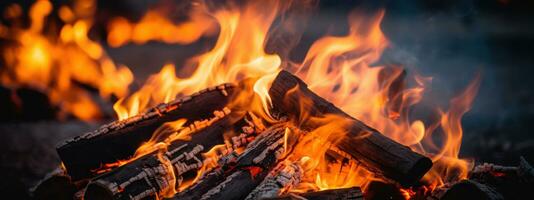 ai generado fascinante fuego pozo llamas, parpadeando bailar, chicharrón madera. ai generativo. foto