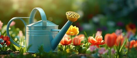 AI generated Charming watering can in a vibrant garden. AI generative. photo