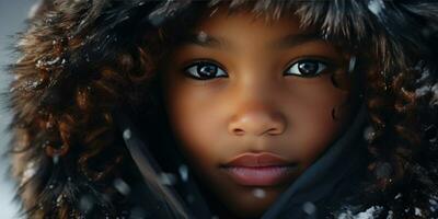 AI generated Close-up of a young black girl in a luxurious fur hooded coat. AI generative. photo