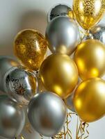 AI Generated AI generation. White, black, gold and silver balloons and confetti on white background photo