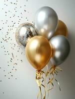 AI Generated AI generation. White, black, gold and silver balloons and confetti on white background photo