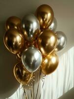 AI Generated AI generation. White, black, gold and silver balloons and confetti on white background photo