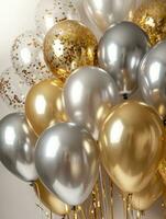 AI Generated AI generation. White, black, gold and silver balloons and confetti on white background photo