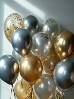 AI Generated AI generation. White, black, gold and silver balloons and confetti on white background photo