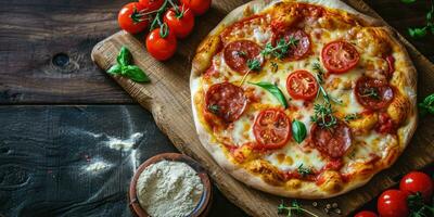 Pizza con salami, queso Mozzarella y Tomates en un oscuro antecedentes. ai generado. foto