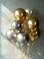 AI Generated AI generation. White, black, gold and silver balloons and confetti on white background photo