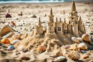 ai generado un arena castillo en el playa con conchas y conchas marinas foto