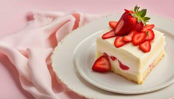 ai generado un pedazo de pastel con fresas en parte superior foto