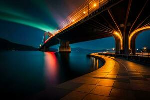 a bridge over water with colorful lights. AI-Generated photo