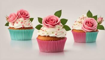 AI generated three cupcakes with pink and blue frosting photo