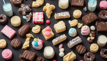 AI generated various types of chocolate and sweets on a black background photo