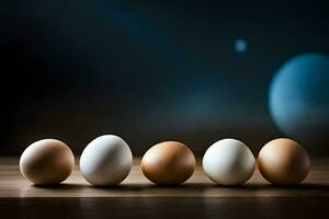 five eggs are lined up in a row. AI-Generated photo