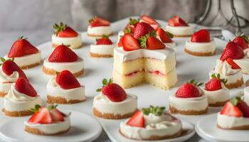 ai generado un plato de mini pasteles de queso con fresas en parte superior foto