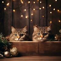 AI generated Cute kittens in a wooden box on the background of Christmas decorations photo