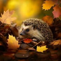 AI generated Hedgehog in an autumn forest clearing. Illustration. Generated AI photo