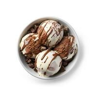 Vanilla ice cream ball with chocolate topping photo