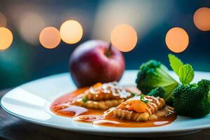 un plato con brócoli y un manzana en él. generado por ai foto