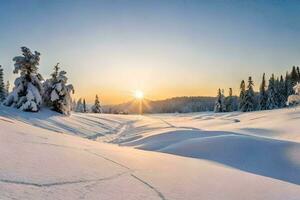 the sun rises over a snowy landscape. AI-Generated photo